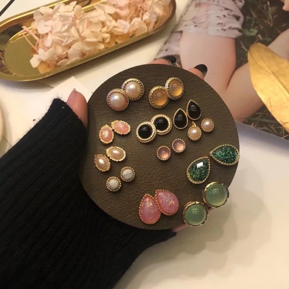 Jewelry - 12 Pairs Retro Opal Enamel Stud Gold Earrings Set